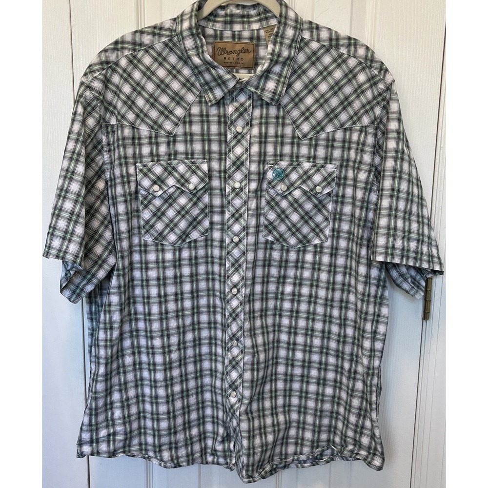 Wrangler Western Shirt Mens XXL Green Plaid Pearl Snap Short Sleeve Cowboy Rodeo
